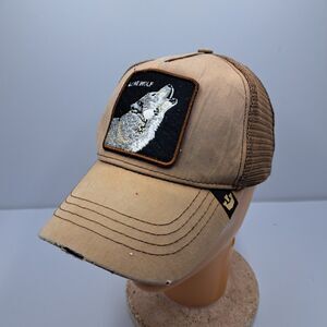 Goorin Bros Lone Wolf Trucker Hat Tan Brown Mesh Snapback Animal Farm Cap